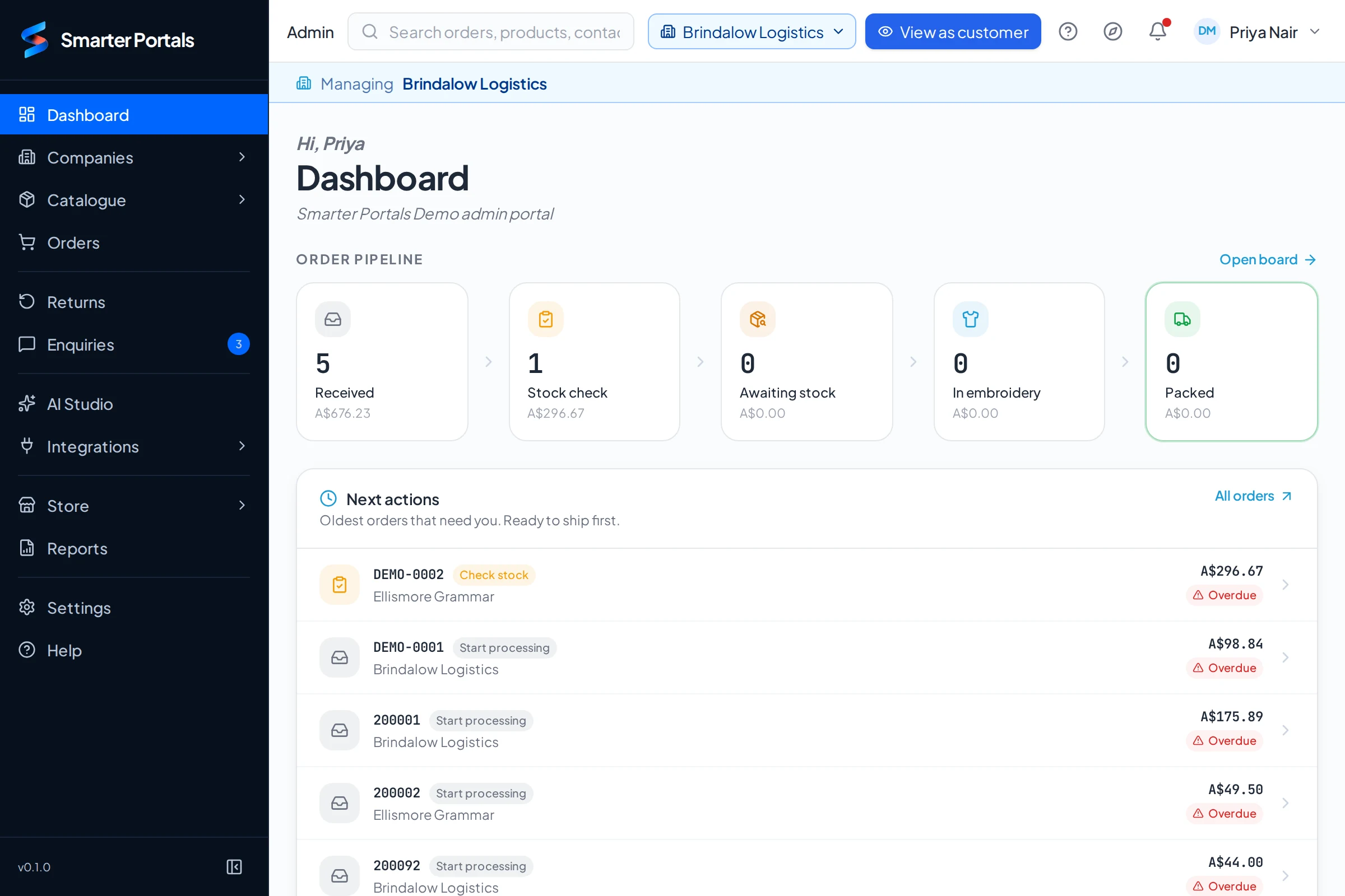 Smarter Portals admin dashboard, with the order pipeline, the next actions queue, enquiries and reporting all on one screen
